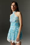 THE IASO_Blue Viscose Cotton Ghingham Printed Botanic Patterns Halter Tal Neck Dress _Online_at_Aza_Fashions