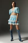 Buy_THE IASO_Blue Viscose, Cotton, Modal Plunge Neck Tal Printed Crop Top _at_Aza_Fashions