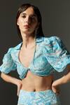 Shop_THE IASO_Blue Viscose, Cotton, Modal Plunge Neck Tal Printed Crop Top _Online_at_Aza_Fashions