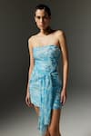 THE IASO_Blue Viscose Crinkle Chiffon Printed Botanic Patterns Tal Ruched Tube Dress _Online_at_Aza_Fashions