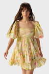 Shop_THE IASO_Yellow Cotton Poplin Printed Abstract Patterns Square Eve Tiered Dress _Online_at_Aza_Fashions