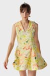Buy_The Iaso_Yellow Linen, Modal V-neck Eve Abstract Print Skater Dress _at_Aza_Fashions