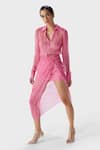 THE IASO_Pink Crinkle Chiffon Printed Abstract Patterns Collar Rue Flirty Shirt Dress _Online_at_Aza_Fashions