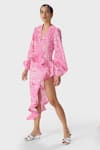 Buy_THE IASO_Pink Cotton Poplin Printed Abstract Patterns V Neck Rue Asymmetric Dress _at_Aza_Fashions