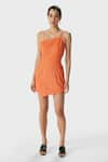 Buy_THE IASO_Orange Lace Embroidery Palm Leaves Asymmetric Square Neck Miel Short Dress _at_Aza_Fashions