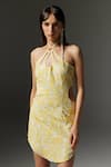 Buy_THE IASO_Yellow Jacquard Embroidery Floral Lace Halter Neck Wren Dress _at_Aza_Fashions