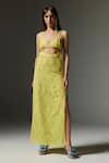 Buy_THE IASO_Yellow Mesh Cotton Jacquard Embroidery Mandala Lace Plunging Neck June Dress _at_Aza_Fashions