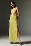 THE IASO_Yellow Mesh Cotton Jacquard Embroidery Mandala Lace Plunging Neck June Dress _Online_at_Aza_Fashions