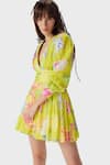 THE IASO_Yellow Self Cotton Printed Floral V Neck Tira Short Dress _Online_at_Aza_Fashions