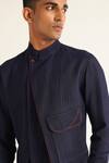 Dhruv Vaish_Blue Hemp, Cotton Piping Herringbone Pattern Panelled Kurta Set_Online_at_Aza_Fashions