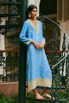 Buy_The Whole Nine Yards_Blue Matka Silk Hand Embroidery Kashmiri V Neck Firoza Kaftan _at_Aza_Fashions