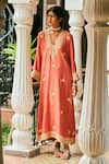 Buy_The Whole Nine Yards_Orange Matka Silk Hand Embroidery Kashmiri V Neck Sijh Kaftan _at_Aza_Fashions