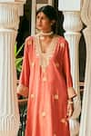 The Whole Nine Yards_Orange Matka Silk Hand Embroidery Kashmiri V Neck Sijh Kaftan _Online_at_Aza_Fashions