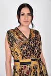 Anmol Kakad_Yellow Cotton Silk Geometric V Neck Cowl Dress With Belt  _at_Aza_Fashions