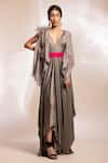 Buy_GEE SIN by Geetanjali Singh_Grey Jacket Habutai Silk Hand Embroidered Thread V Neck With Draped Dress _at_Aza_Fashions