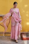 Buy_Charu Makkar_Pink Chanderi Tissue Embroidered Floral Round Kurta Sharara Set_at_Aza_Fashions
