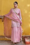 Shop_Charu Makkar_Pink Chanderi Tissue Embroidered Floral Round Kurta Sharara Set_at_Aza_Fashions