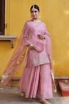 Charu Makkar_Pink Chanderi Tissue Embroidered Floral Round Kurta Sharara Set_Online_at_Aza_Fashions