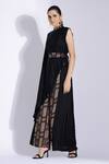 Shop_Studio Surbhi_Black Georgette, Satin Piping Bandeau Neck Asymmetric Top And Side Pleated Pant _Online_at_Aza_Fashions