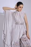 Studio Surbhi_Grey Georgette, Satin Bandeau Neck Asymmetric Top With Side Pleated Flared Pant _at_Aza_Fashions