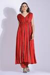 Buy_Studio Surbhi_Red Georgette, Satin V-neck Printed Slit Anarkali With Pant _at_Aza_Fashions