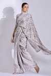 Studio Surbhi_Grey Georgette, Satin Cut Work, Printed Pre-stitched Pleated Saree With Blouse _Online_at_Aza_Fashions