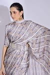 Buy_Studio Surbhi_Grey Georgette, Satin Cut Work, Printed Pre-stitched Pleated Saree With Blouse _Online_at_Aza_Fashions
