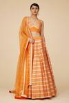 Buy_Priyal Prakash_Orange , Organza Sequins V-neck Chevron Embroidered Lehenga Set _at_Aza_Fashions