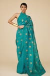 Buy_PRIYAL PRAKASH_Blue Saree Silk Organza Embroidery Aari Work With Sequins Floral Blouse Set _at_Aza_Fashions