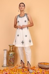 Buy_Nazar by Indu_White Cotton Embroidered Mirror U Neck Work Kurta And Dhoti Pant Set _at_Aza_Fashions