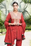 Shop_Nazar By Indu_Red Cotton Embroidery V-neck Hand Block Print Kurta Pant Set _Online_at_Aza_Fashions