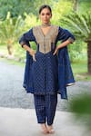 Shop_Nazar By Indu_Blue Cotton Sequins, Embroidery V-neck Hand Block Print Kurta Pant Set _Online_at_Aza_Fashions