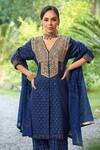 Nazar By Indu_Blue Cotton Sequins, Embroidery V-neck Hand Block Print Kurta Pant Set _at_Aza_Fashions