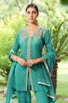Nazar By Indu_Green Cotton Sequins, Embroidery V-neck Block Print Kurta Pant Set _Online_at_Aza_Fashions