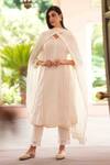Buy_Nazar by Indu_White Cotton Hand V Neck Tonal Kurta Pant Set _at_Aza_Fashions