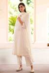 Nazar by Indu_White Cotton Hand V Neck Tonal Kurta Pant Set _Online_at_Aza_Fashions
