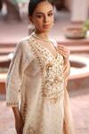 Buy_Nazar By Indu_Beige Cotton Embroidery V-neck Block Print Kurta Gharara Set _Online_at_Aza_Fashions