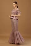 Shop_Merge Design_Pink Net, Modal, Organza Beads, Embroidered Peplum Top With Fish Cut Skirt _Online_at_Aza_Fashions