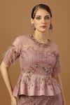 Shop_Merge Design_Pink Net, Modal, Organza Beads, Embroidered Peplum Top With Fish Cut Skirt _at_Aza_Fashions