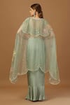 Merge Design_Green Net, Organza, Modal, Satin Stones, Draped Skirt Set With Floral Shrug _Online_at_Aza_Fashions