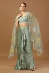 Buy_Merge Design_Green Net, Organza, Modal, Satin Stones, Draped Skirt Set With Floral Shrug _Online_at_Aza_Fashions