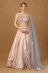 Buy_Merge Design_Pink Net, Organza, Modal Embroidery, Applique Asymmetric Layered Lehenga Set _at_Aza_Fashions