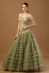 Shop_Merge Design_Green Net Embroidered Organza Applique With Stone Frill Skirt Floral Blouse _Online_at_Aza_Fashions