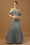 Buy_Merge Design_Blue Modal, Satin, Georgette Cut Work, Pleated Draped Blouse With Fish Skirt _at_Aza_Fashions