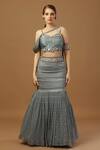Merge Design_Blue Modal, Satin, Georgette Cut Work, Pleated Draped Blouse With Fish Skirt _Online_at_Aza_Fashions