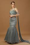 Shop_Merge Design_Blue Modal, Satin, Georgette Cut Work, Pleated Draped Blouse With Fish Skirt _Online_at_Aza_Fashions