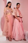 Buy_SWATI WADHWANI COUTURE_Peach Georgette Embroidered Thread Tasseled Blouse Draped Skirt Set 