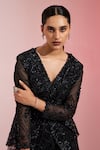 Shop_SWATI WADHWANI COUTURE_Black Net Embroidered Sequin V Neck Peplum Jacket Pant Set  _Online_at_Aza_Fashions