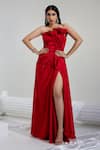 Buy_SWATI WADHWANI COUTURE_Red Satin Embroidered Cutdana Off-shoulder Draped Slit Gown _at_Aza_Fashions