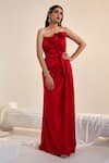 Shop_SWATI WADHWANI COUTURE_Red Satin Embroidered Cutdana Off-shoulder Draped Slit Gown _at_Aza_Fashions